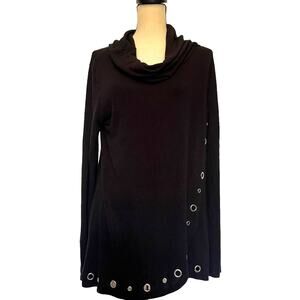 BELLDINI High Cowl Neck Womens Sweater Sz L Black Grommets Tunic Witchy Grunge